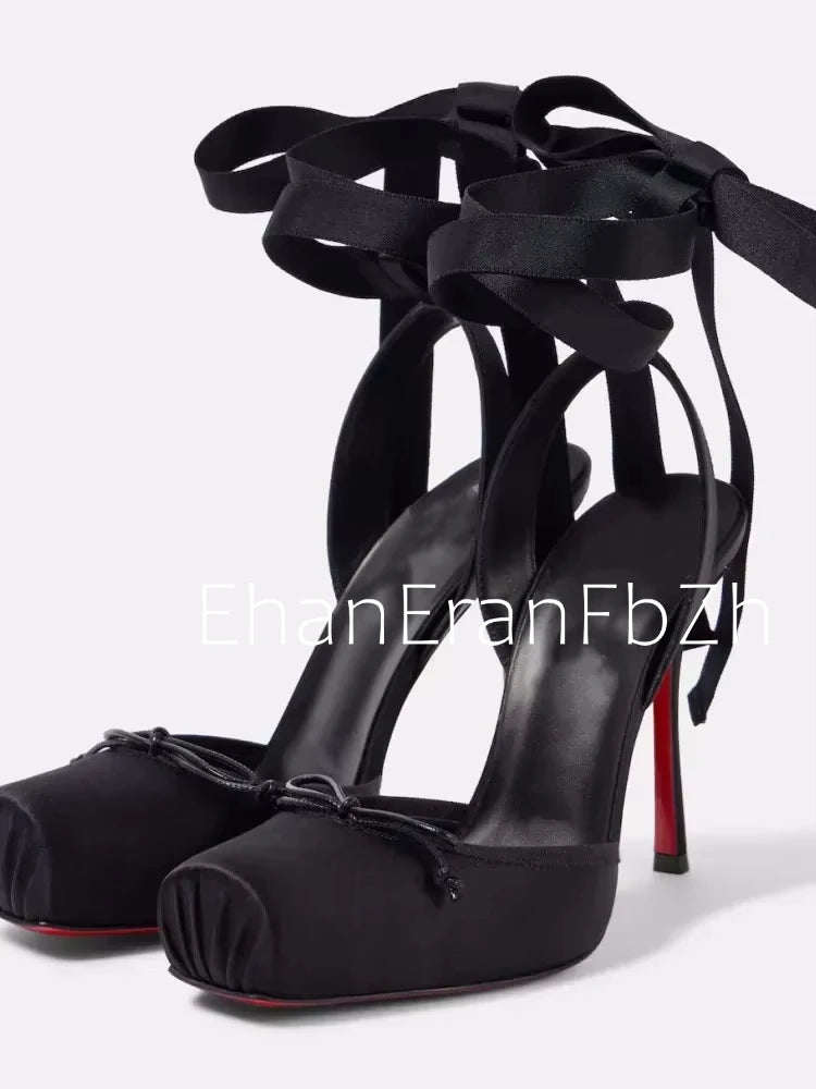 Ladies' New Summer Square Satin High-heeled Sandals with Ankle Straps, Fashionable Party and Banquet Ballet High-heeled Shoes