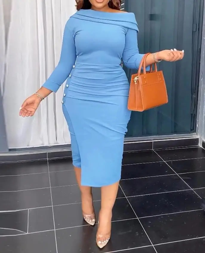 Elegant Commuting Dresses Off Shoulder Long Sleeve Midi Dress Temperament Female Casual Waist Button Decor Ruched Work Dress