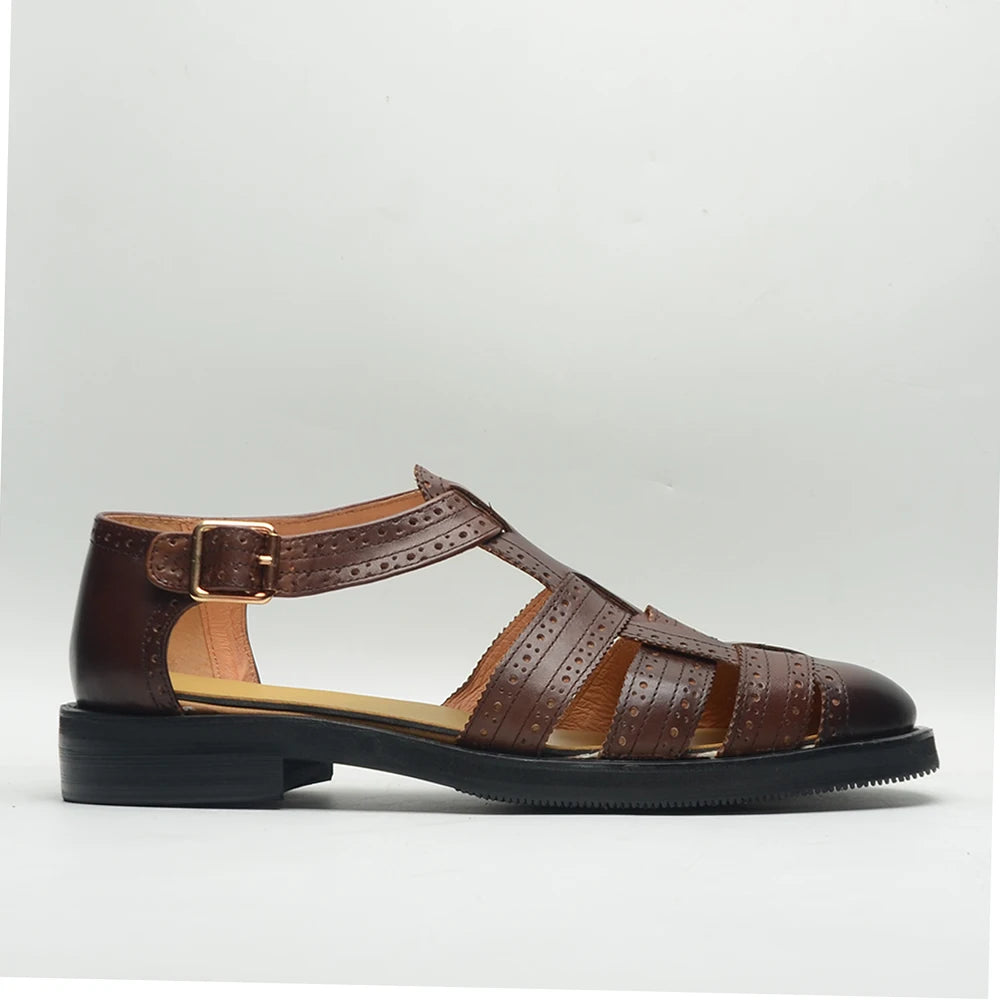 Luxury Designer Men's Summer Sandals Genuine Leather Brogue Carving Man Shoes Formal Events Social Buckle Strap Men Slippers