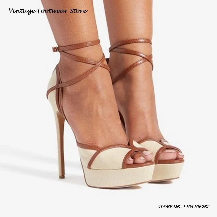 Patchwork Leather Trimmed Platform Sandals Round Open Toe Ankle Strap Thin High Heels Summer Buckle Strap Women's Trendy Shoes