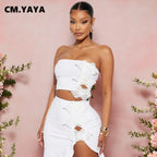 CM.YAYA Bowknot Side Women's Dress Set Strapless Crop Top and Ruffles Split Midi Maxi Long Skirt Suit Two 2 Piece Set Outfits
