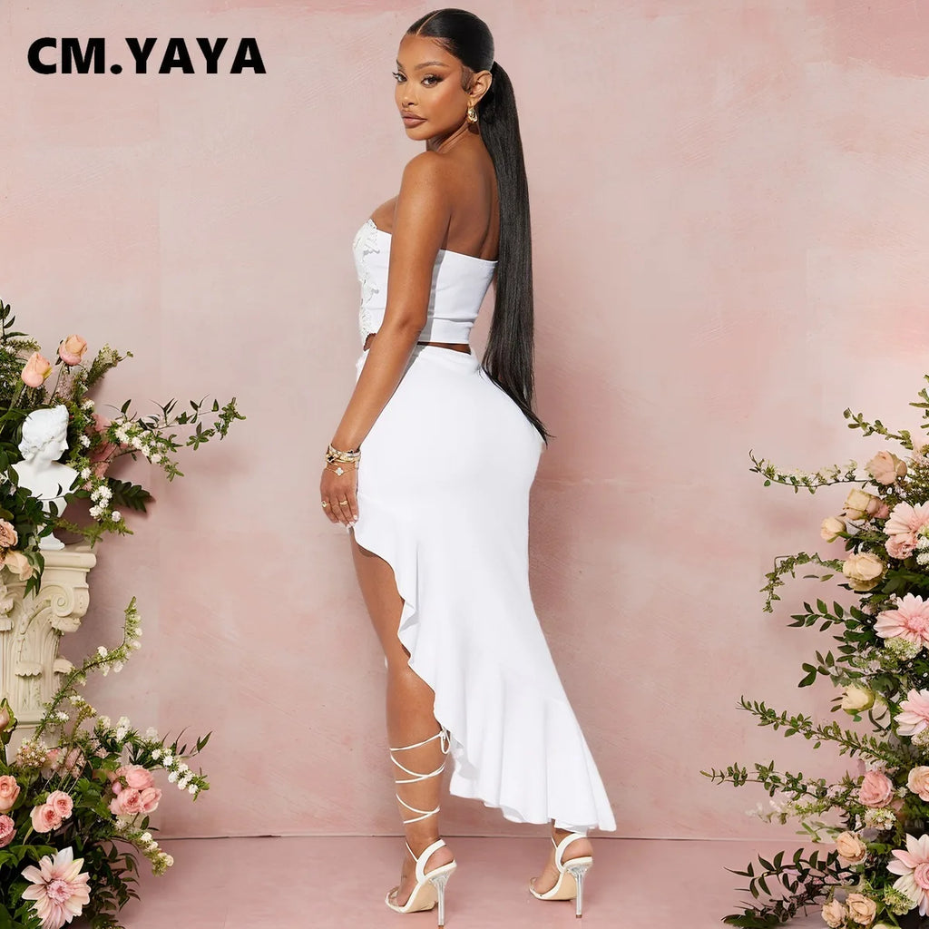 CM.YAYA Bowknot Side Women's Dress Set Strapless Crop Top and Ruffles Split Midi Maxi Long Skirt Suit Two 2 Piece Set Outfits