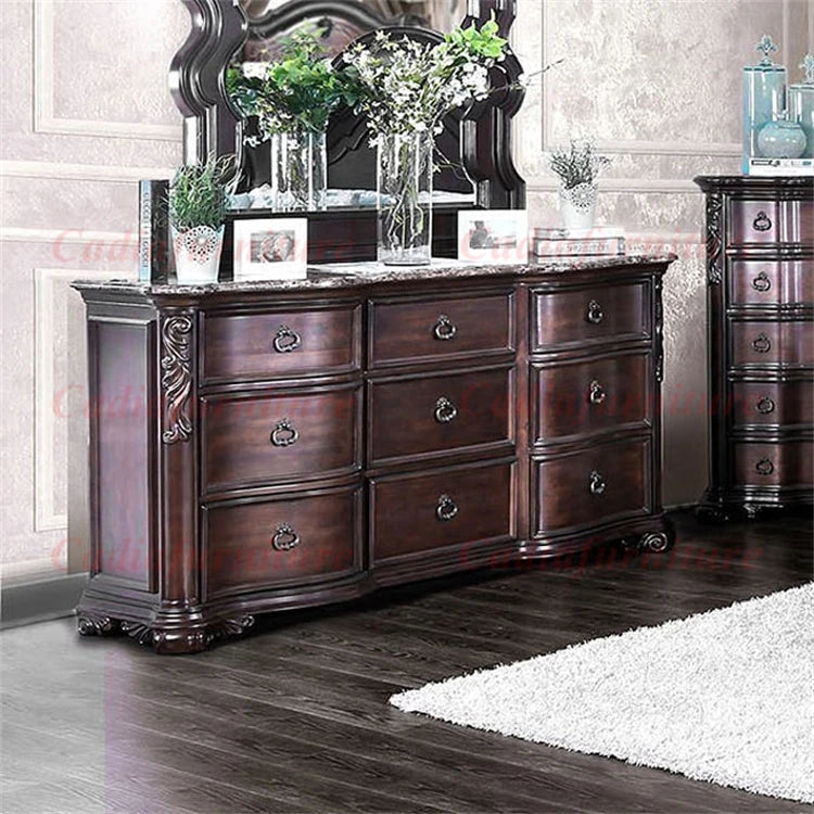 European Antique Design Bedroom Furniture Luxury French Classic Wooden Bedroom Sets Storage Function King Size Bed
