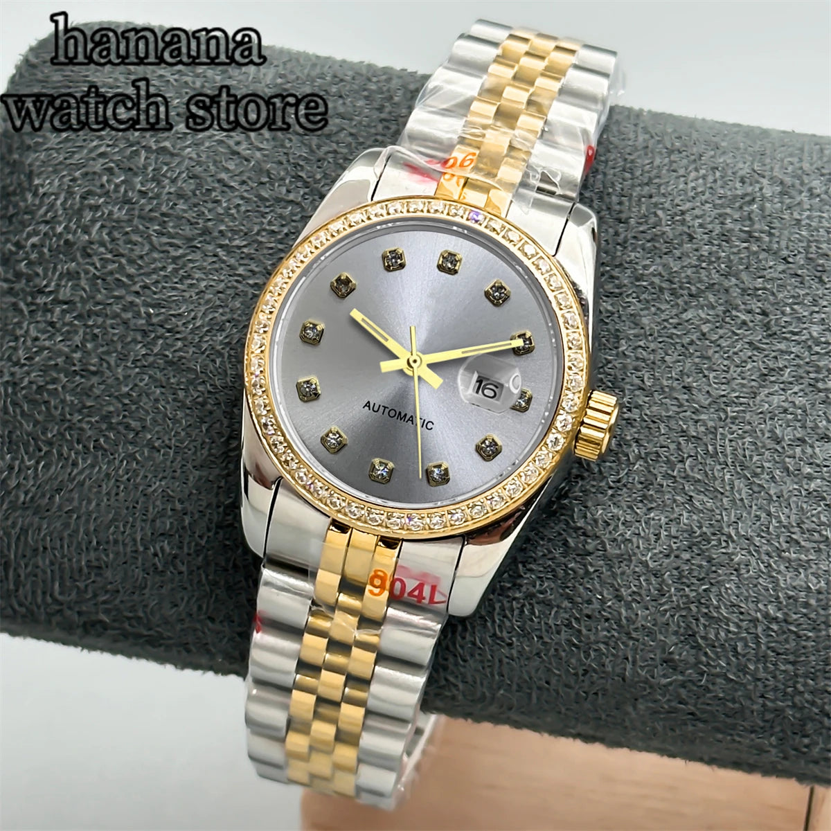 BLIGER 31mm NH05 Silver Gold Women's automatic watch with Diamond bezel Sunlit White mother-pearl dial stainless steel bracelet