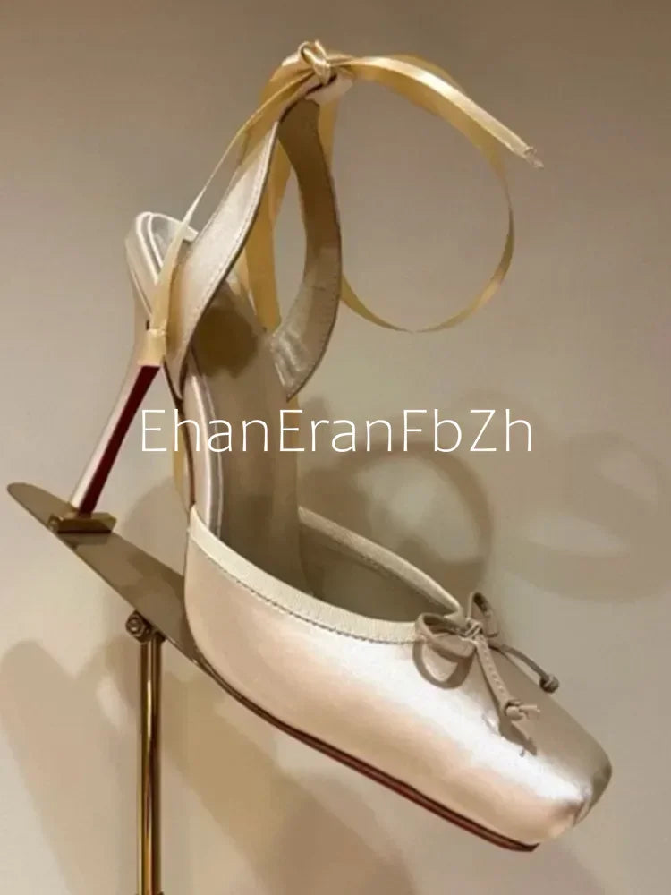 Ladies' New Summer Square Satin High-heeled Sandals with Ankle Straps, Fashionable Party and Banquet Ballet High-heeled Shoes
