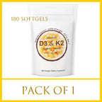 180/300 Vitamin D3 K2 Capsules with Coconut Oil - Vitamin D3 10000 iu Plus K2 (ML-7) 200 mcg, 300 Virgin Coconut Oil Softgels