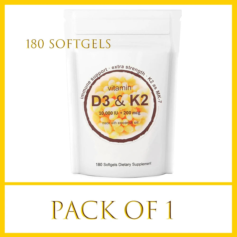 180/300 Vitamin D3 K2 Capsules with Coconut Oil - Vitamin D3 10000 iu Plus K2 (ML-7) 200 mcg, 300 Virgin Coconut Oil Softgels